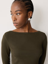 Long Sleeve Cotton Rib Slash Neck T-shirt | Khaki