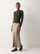 Long Sleeve Cotton Rib Slash Neck T-shirt | Khaki