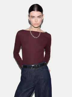 Cotton Rib Slash Neck Top | Burgundy
