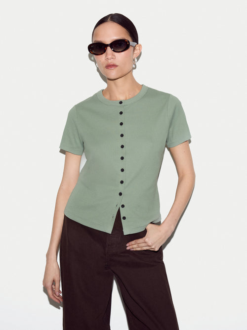 Fine Rib Baby Button T-shirt | Green
