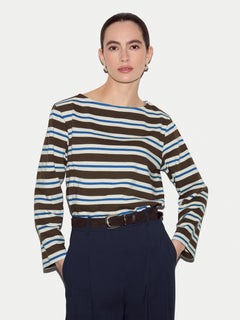 High Neck Stripe Long Sleeve Top | Brown