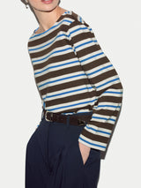 High Neck Stripe Long Sleeve Top | Brown