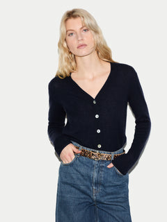 Merino Cashmere V Neck Cardigan | Navy