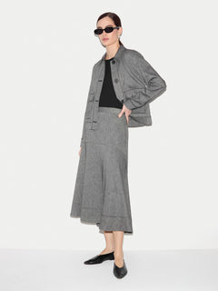 Chambray Linen Blend Asymmetric Midi Skirt | Black