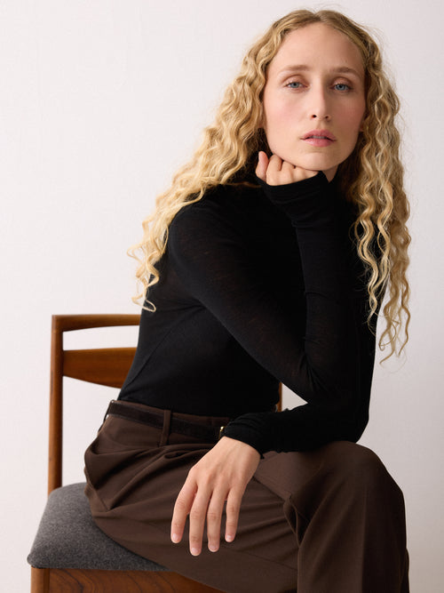 Wool Jersey Polo Neck Top | Black