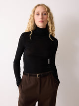 Wool Jersey Polo Neck Top | Black