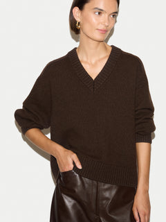 Wool Cashmere Blend V Neck Jumper | Brown