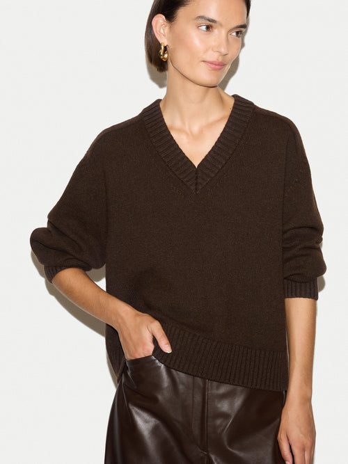 Wool Cashmere Blend V Neck Jumper | Brown