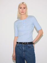 Fine Rib Half Sleeve Henley T-shirt | Blue