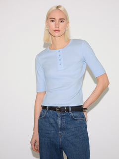 Fine Rib Half Sleeve Henley T-shirt | Blue