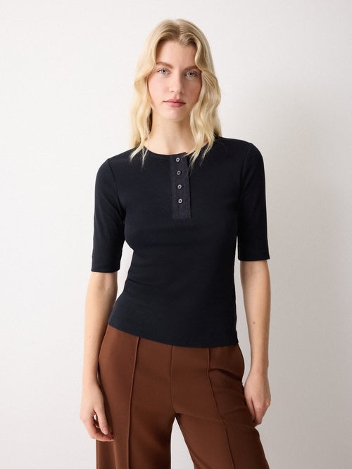 Fine Rib Half Sleeve Henley T-shirt | Navy
