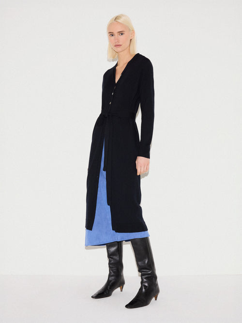 Merino Long Belted Cardigan | Dark Navy