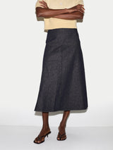 Denim Flared Midi Skirt | Indigo
