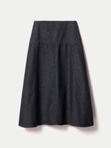 Denim Flared Midi Skirt | Indigo