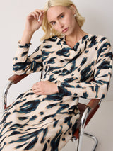 Ikat Cowl Neck Godet Dress | Cream