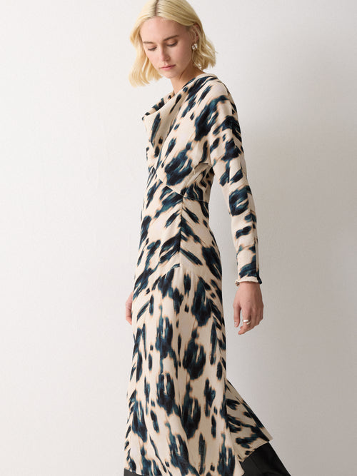 Ikat Cowl Neck Godet Dress | Cream