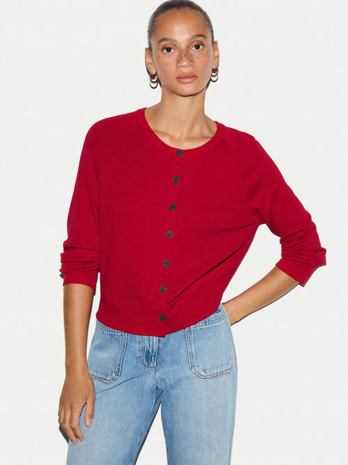 Cotton Luxe Crew Cardigan | Red