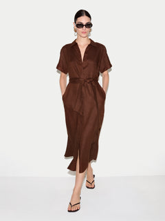 Linen Midi Shirt Dress | Brown
