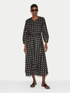 Geo Check Cotton Dress | Black