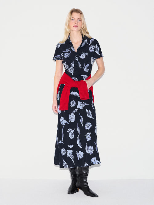 Fallen Peony Bias Dress | Navy
