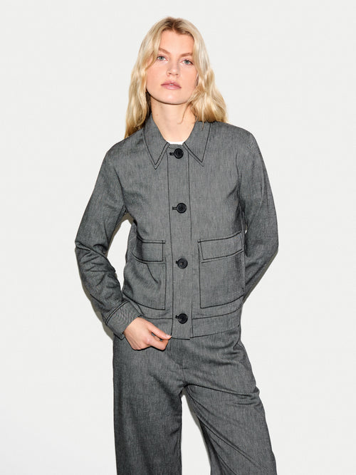 Chambray Linen Blend Utility Jacket | Black