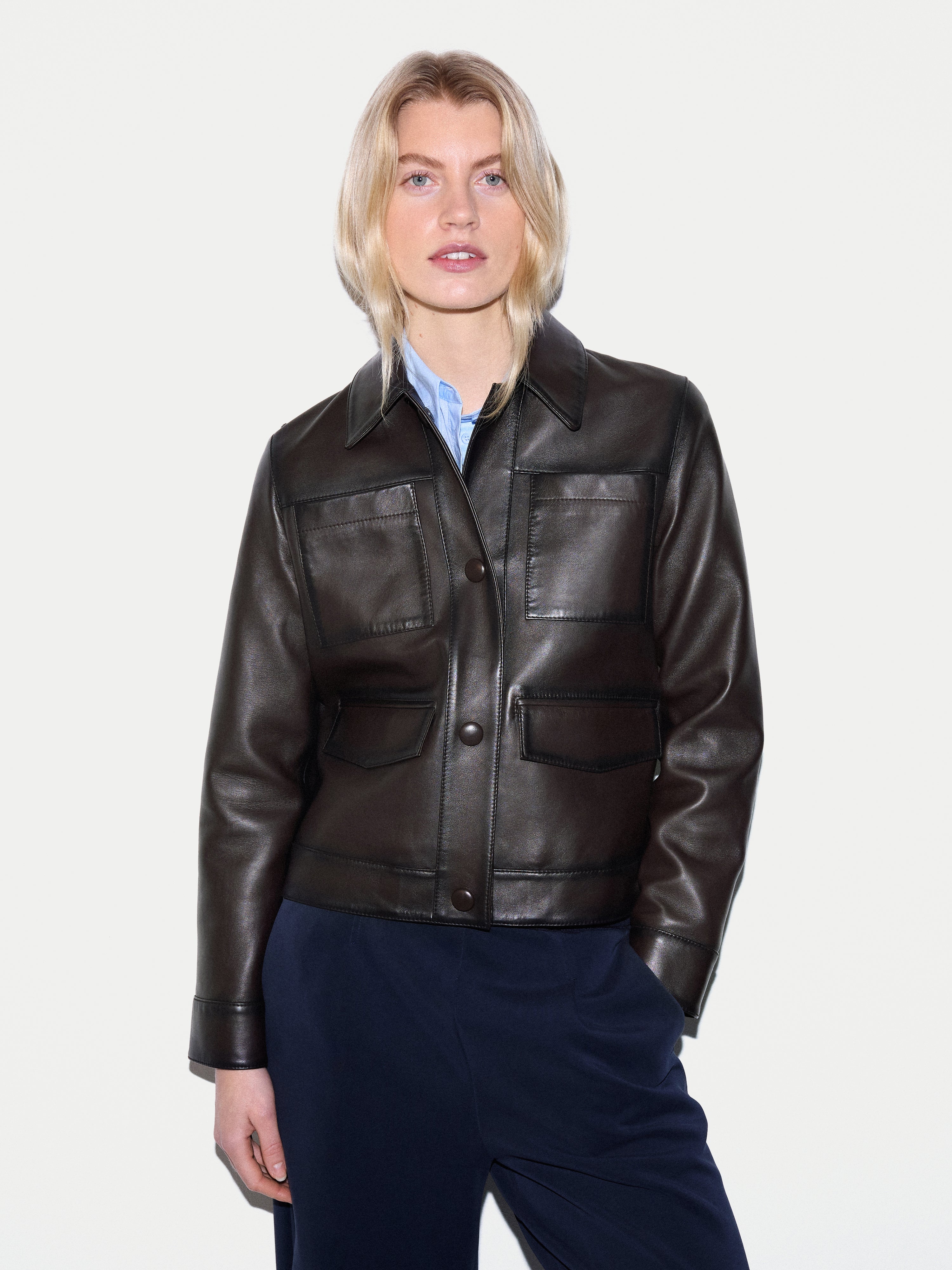 Nappa Leather Cropped Jacket | Dark Brown – Jigsaw