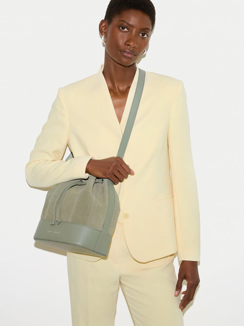 Leather Drawstring Bucket Bag | Blue