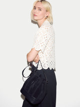 Leather Drawstring Bucket Bag | Navy