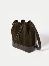 Leather Drawstring Bucket Bag | Khaki