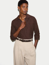 Textured Slub Polo Collar Top | Brown