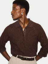 Textured Slub Polo Collar Top | Brown