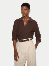Textured Slub Polo Collar Top | Brown