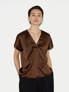 Heavy Satin Pleat Front Top | Brown