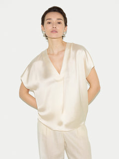 Heavy Satin Pleat Front Top | Cream
