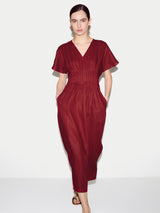 Linen Pintuck Waist Dress | Red