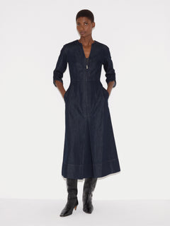 Chambray Zip Front Midi Dress | Indigo