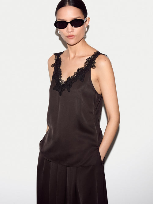Satin Lace Detail Cami  | Brown