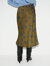 Ink Cloud Satin Bias Skirt | Khaki