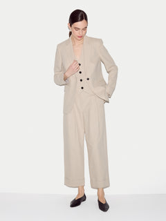 Linen Cotton Stripe Turn Up Trouser | Beige