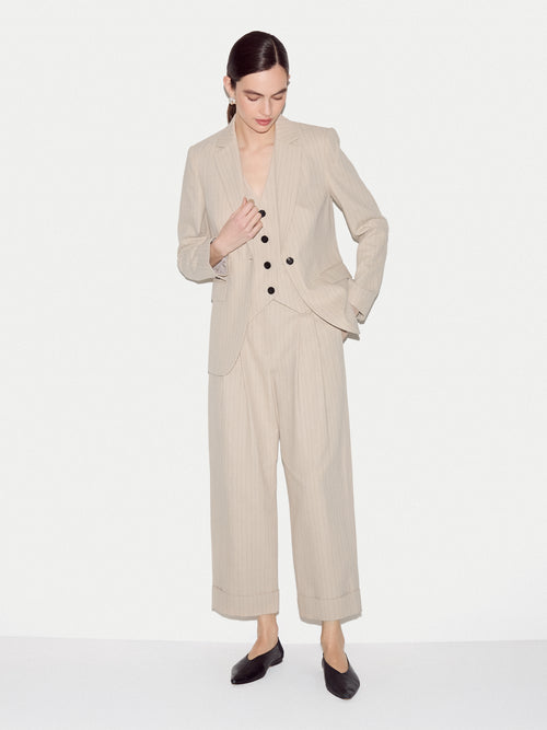 Linen Cotton Stripe Turn Up Trouser | Beige