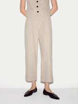 Linen Cotton Stripe Turn Up Trouser | Beige