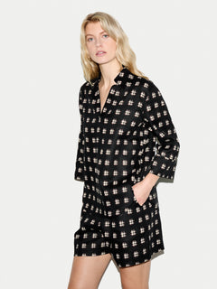 Geo Check Linen Tunic | Black
