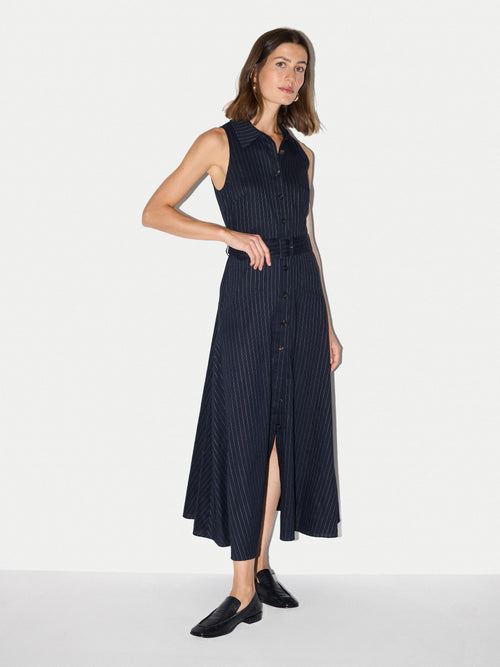 Linen Blend Pinstripe Belted Dress | Navy