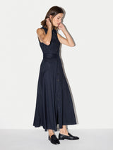 Linen Blend Pinstripe Belted Dress | Navy