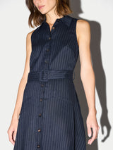Linen Blend Pinstripe Belted Dress | Navy