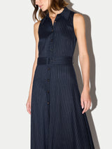 Linen Blend Pinstripe Belted Dress | Navy