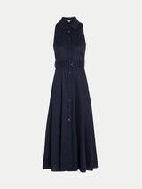 Linen Blend Pinstripe Belted Dress | Navy