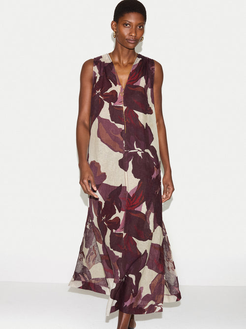 Iris Leaf Linen Dress | Burgundy