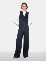 Linen Blend Pinstripe Pleated Trouser | Navy