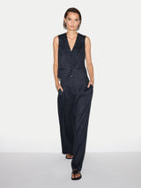 Linen Blend Pinstripe Pleated Trouser | Navy
